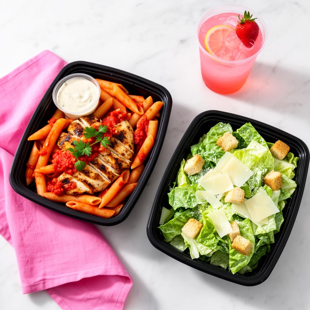 Neekas Kitchen meal prep containers with pasta and caesar salad
